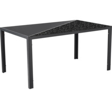 Rechteckiger Gartentisch mit schwarzem Metallgestell und teilweiser Glasoberfläche