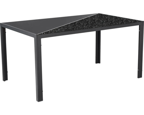 Rechteckiger Gartentisch mit schwarzem Metallgestell und teilweiser Glasoberfläche