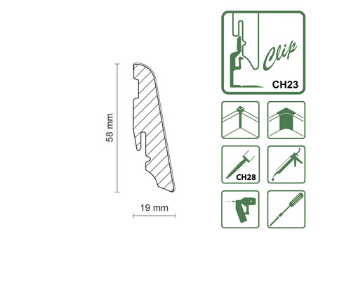 Abmessungen und Montagesymbole für eine Sockelleiste