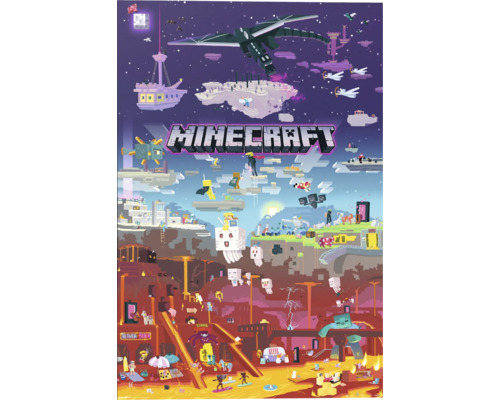 Minecraft-Poster mit verschiedenen Spielwelten und Figuren.