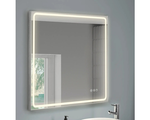 Focco LED Badspiegel MIA II 80 x 100 cm Rahmenfarbe Alu natur Licht dimmbar, Lichttemperatur regelbar, drehbar und Antibeschlag IP 44 Quadratischer Spiegel mit integrierter Beleuchtung für das Badezimmer