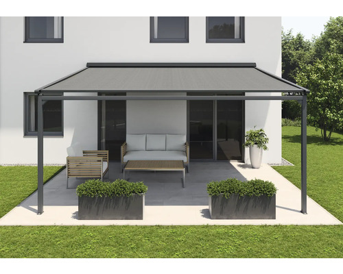 SOLUNA Pergola mit Stoffdach 4,5x2 Stoff Dessin 8445 Gestell RAL 7016 anthrazitgrau Antrieb Rechts inkl. Motor, Wandschalter (Wandbefestigung)