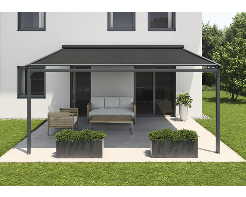 SOLUNA Pergola mit Stoffdach 6x5 Stoff Dessin 8446 Gestell RAL 7016 anthrazitgrau Antrieb Rechts inkl. Motor, Wandschalter (Wandbefestigung)