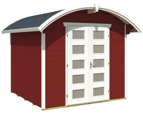 Rotes Gartenhaus mit Doppeltür und abgerundetem Dach
