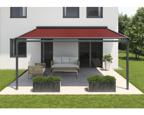 SOLUNA Pergola mit Stoffdach 6x2 Stoff Dessin 320961 Gestell RAL 7016 anthrazitgrau Antrieb Links inkl. Motor, Wandschalter (Wandbefestigung)