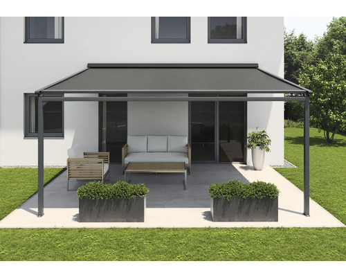 SOLUNA Pergola mit Stoffdach 3,5x2 Stoff Dessin 320968 Gestell RAL 7016 anthrazitgrau Antrieb Links inkl. Motor, Wandschalter (Wandbefestigung)