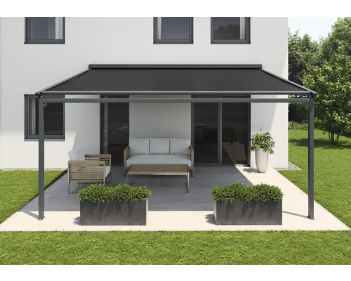 SOLUNA Pergola mit Stoffdach 6x2,5 Stoff Dessin 320994 Gestell RAL 7016 anthrazitgrau Antrieb Links inkl. Motor, Wandschalter (Wandbefestigung)