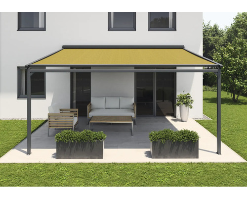 SOLUNA Pergola mit Stoffdach 5,5x3,5 Stoff Dessin S1468 Gestell RAL 7016 anthrazitgrau Antrieb Links inkl. Motor, Wandschalter (Wandbefestigung)