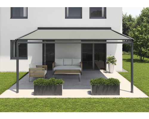 SOLUNA Pergola mit Stoffdach 5x5 Stoff Dessin S1469 Gestell RAL 7016 anthrazitgrau Antrieb Rechts inkl. Motor, Wandschalter (Wandbefestigung)