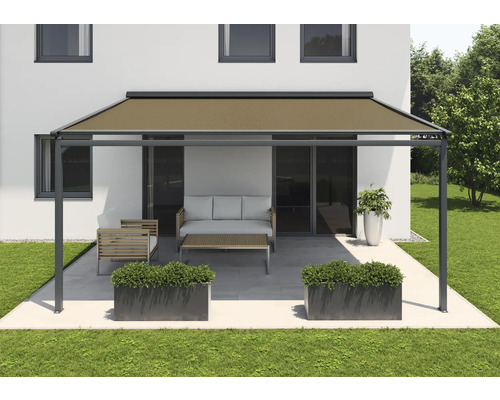 SOLUNA Pergola mit Stoffdach 4x3 Stoff Dessin S2838 Gestell RAL 7016 anthrazitgrau Antrieb Links inkl. Motor, Wandschalter (Wandbefestigung)