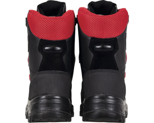Paar schwarze Arbeitsstiefel von hinten