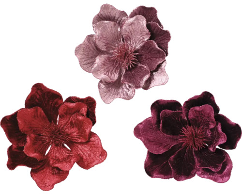 Weihnachtsdeko Blume auf Clip Kunststoff 26 x 26 x 16 cm bordeaux rosa rot zufällige Farbauswahl Drei künstliche Blütenköpfe aus Textil