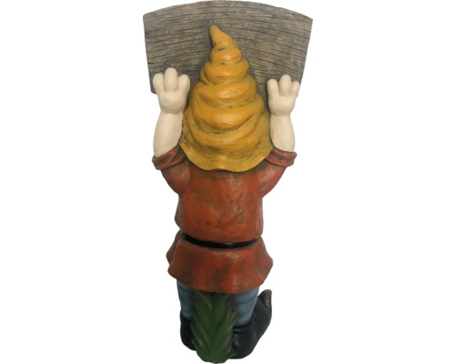 Gartenzwerg, der eine Holztafel hält, Rückansicht