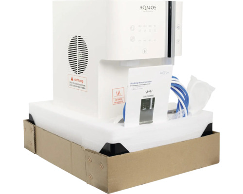 Aqmös Wasserspender in Verpackung mit Bedienungsanleitung