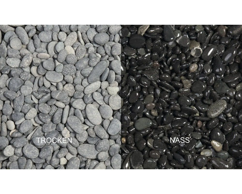 Zwei Abschnitte Zierkies, trocken und nass dargestellt.