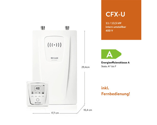 Elektronischer Durchlauferhitzer CFX-U mit Fernbedienung und Maßangaben