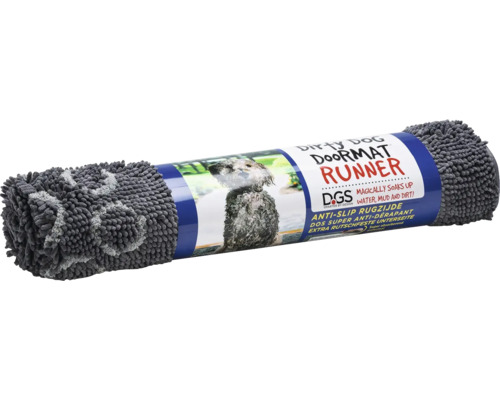 Graue Schmutzfangmatte für Hunde mit Pfotenmuster, gerollt.