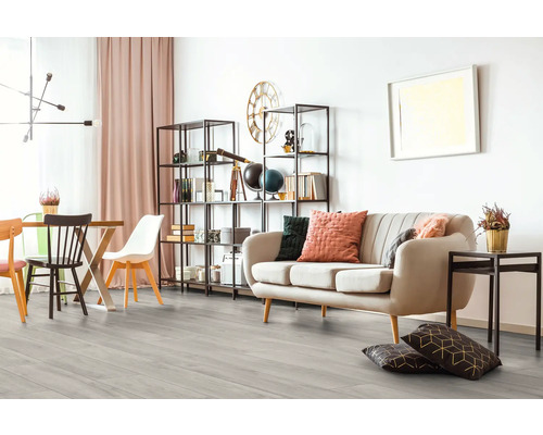 Wohnzimmer mit Sofa, Bücherregal und Esstisch auf einem Holzboden