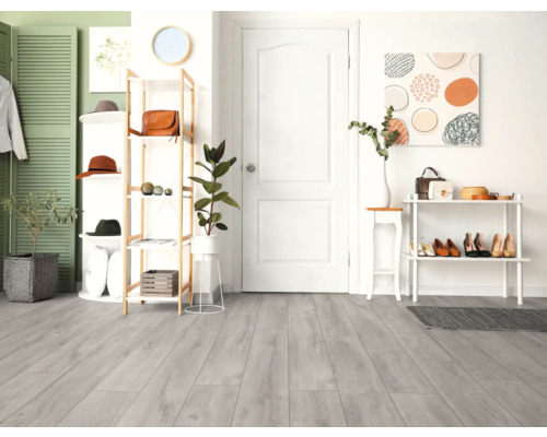 Flur mit hellem Laminatboden, Schuhregal und Regalsystem