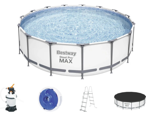 Aufstellpool Framepool-Set Bestway Steel Pro MAX™ rund Ø 457x122 cm inkl. Sandfilteranlage, Leiter & Abdeckplane hellgrau