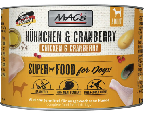 Hundefutter nass MAC´s DOG Huhn und Cranberry 200 g getreidefrei
