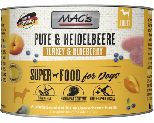 Hundefutter nass MAC´s DOG Pute und Heidelbeeren 200 g getreidefrei