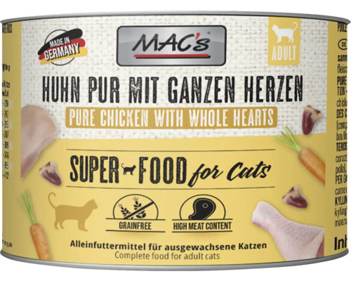 Katzenfutter nass MAC´s CAT Huhn PUR mit ganzen Geflügelherzen 200 g getreidefrei