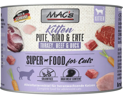 Katzenfutter nass MAC´s CAT Kitten Pute, Rind und Ente 200 g getreidefrei