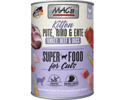 Katzenfutter nass MAC´s CAT Kitten Pute, Rind und Ente 400 g getreidefrei