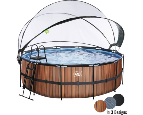 Aufstellpool Framepool-Set EXIT WoodPool rund Ø 488x122 cm inkl. Sandfilteranlage, Abdeckung & Leiter Holzoptik