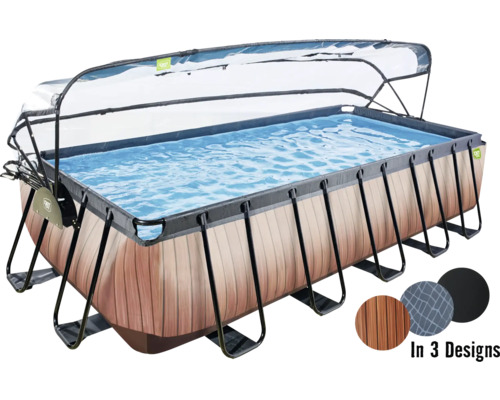 Aufstellpool Framepool-Set EXIT WoodPool rechteckig 540x250x122 cm inkl. Sandfilteranlage, Leiter & Abdeckung Holzoptik