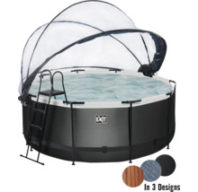 Rundes Schwimmbecken mit Abdeckung und Leiter sowie der Hinweis ''In 3 Designs''