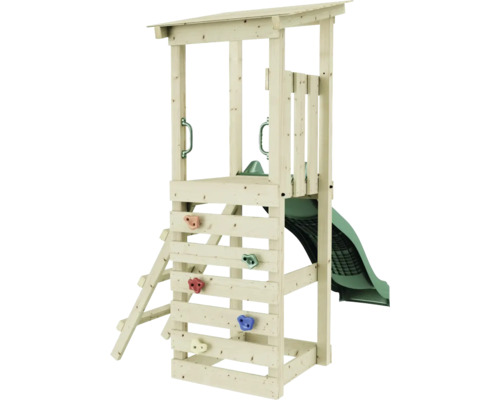 Spielturm aus Holz mit Rutsche, Kletterwand und Leiter für den Außenbereich