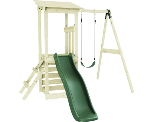 Spielturm mit Rutsche und Schaukel aus Holz
