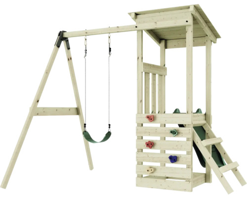 Spielturm aus Holz mit Schaukel, Kletterwand und Rutsche für den Garten