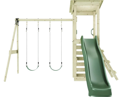 Spielplatz mit Schaukeln, Rutsche und Kletterturm aus Holz