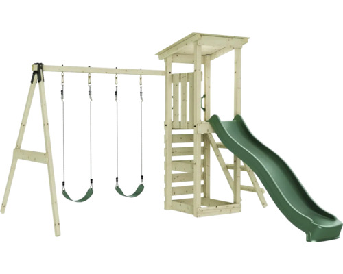 Spielplatz mit Schaukel und Rutsche aus Holz