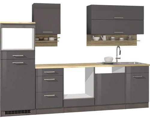 Held Möbel Küchenzeile Mailand 280 cm Frontfarbe grau hochglanz Korpusfarbe graphit zerlegt
