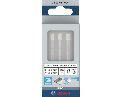 Bosch Pro Keramik Trockenbohrer Set, drei Stück, Durchmesser sechs und acht Millimeter