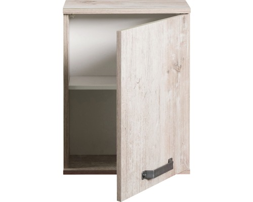 Hängeschrank mit einer offenen Holztür und einem Metallgriff