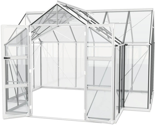 Gewächshaus mit geöffneten Türen und Dachfenster