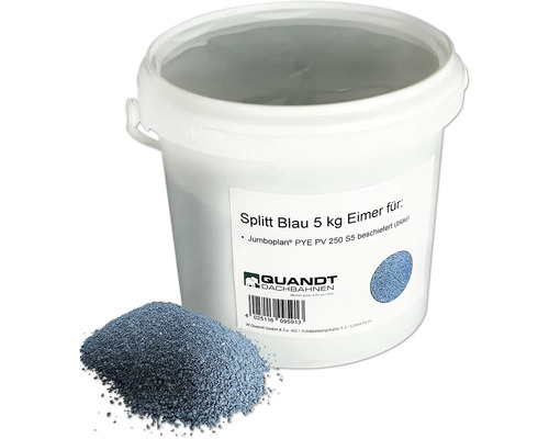 Quandt Stein Splitt für PYE PV 250 S5 Schweissbahnen blau 5 kg Blauer Splitt in einem 5 Kilogramm Eimer für Dachbahnen.
