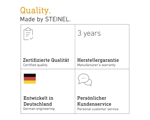STEINEL Qualitätsmerkmale: zertifizierte Qualität, drei Jahre Garantie, deutsche Entwicklung, Kundenservice
