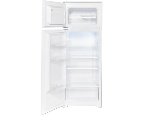 Offener weißer Kühlschrank mit Gefrierfach oben