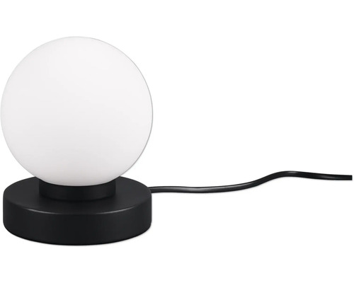 Tischleuchte mit kugelförmigem Lampenschirm auf rundem Sockel