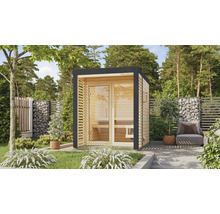 Saunahaus Karibu Hybrid 1 inkl. 9 kW Bio Ofen u.ext. Steuerung mit Fenster und Ganzglastür aus Klarglas Metallumrahmung anthrazit