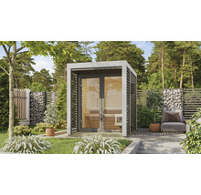 Saunahaus Karibu Sares 1 inkl. 9 KW Ofen u.ext.Steuerung mit Fenster und Ganzglastür aus Klarglas terragrau/weiß