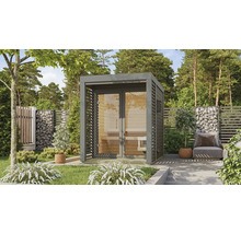 Saunahaus Karibu Sares 1 inkl. 9 KW Ofen u.ext.Steuerung mit Fenster und Ganzglastür aus Klarglas staubgrau/terragrau