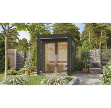 Saunahaus Karibu Sares 1 inkl. 9 KW Ofen u.ext.Steuerung mit Fenster und Ganzglastür aus Klarglas anthrazit/terragrau