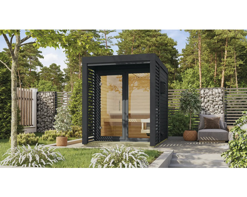 Saunahaus Karibu Hybrid 1 ohne Ofen mit Fenster und Ganzglastür aus Klarglas anthrazit Saunahaus Karibu Hybrid 1 ohne Ofen mit Fenster und Ganzglastür aus Klarglas anthrazit
